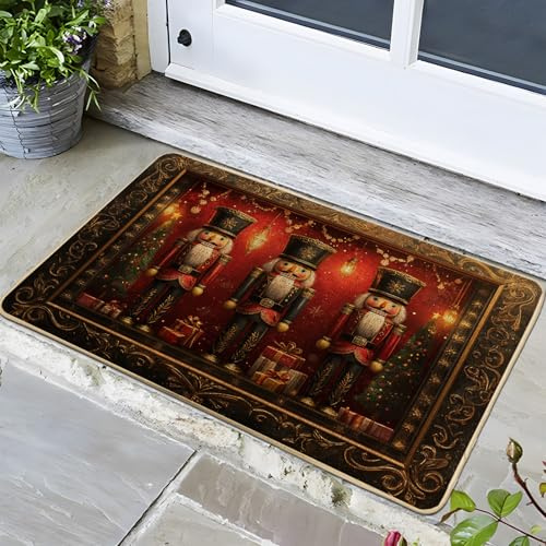Tapete rojo con diseño de cascanueces para entrada al aire libre e interior, decoración festiva de invierno, de goma, lavable, antideslizante, para Navidad, 29 x 17 pulgadas