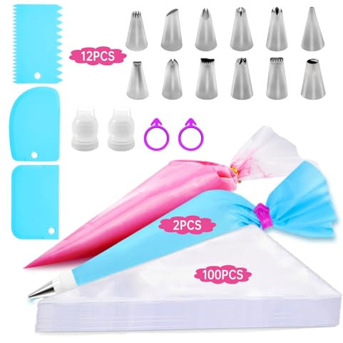 Juego de mangas pasteleras desechables, bolsas pasteleras reutilizables, juego de 12 boquillas de acero inoxidable con acoplador, lazos para bolsas pasteleras, para deliciosos postres como pasteles,