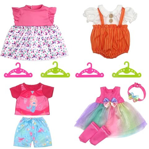 Xerteam 4 Pack Neue Puppenkleidung für Süße Babymädchen, 36-40cm Babypuppen Kleidung, 2 Bunte Kleider 1 Overall 1 Oberteil Shorts Stirnband Socken 4 Kleiderbügel, Puppenzubehör Kinder Geschenk
