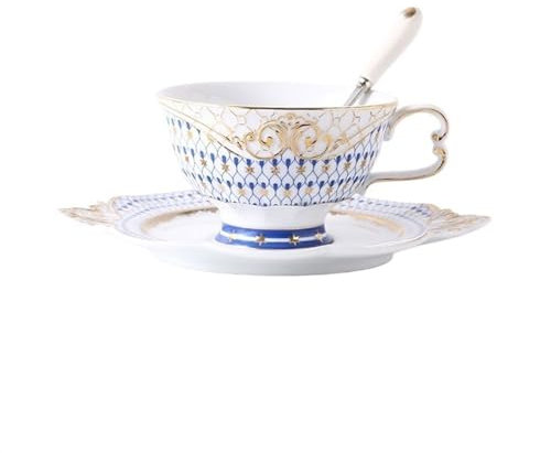 Juego de tazas de café de cerámica de lujo de 200 ml con platillo y cuchara, estilo inglés, taza de té floral para el hogar y el desayuno (azul)