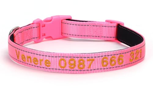 Personalisiertes Hundehalsband mit Namen, individuell bestickter Kosename und Telefonnummer, verstellbare Größen, kleine Schnellverschlussschnalle, reflektierende Haustierhalsbänder (Rosa)