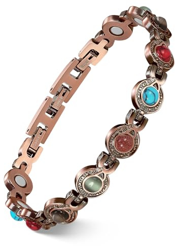 Feraco rent koppararmband för kvinnor, ultrastark magnetiskt armband med 3 800 Gauss magneter och naturlig turkos och stenar, justerbar, smyckesgåva, One Size, Koppar, Ingen ädelsten