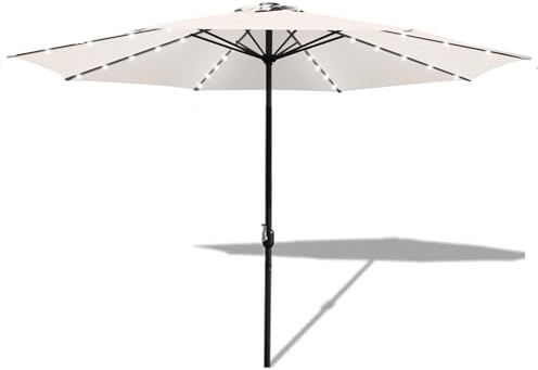 Fiqops Sonnenschirm LED Solar Ø 350 cm Beige mit Kurbel | Ampelschirm Gartenschirm Sonnenschutz UV Schutz 50+ | Kurbelschirm Marktschirm wasserdicht für Garten, Balkon, ohne Ständer
