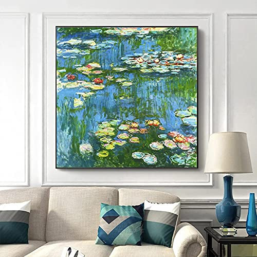 GLWDME Seerosen-Leinwandgemälde, Claude Monet, Poster, Drucke, Wandkunst, Bild für Wohnzimmer, moderne Landschaftsdekoration – Gerahmt, 1 Stück