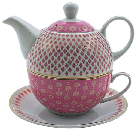 Tetera de porcelana, juego de té para uno, tetera para té, tetera con tetera, juego de tetera retro con taza de té de porcelana rosa y oro, 15 x 15 x 16 cm.