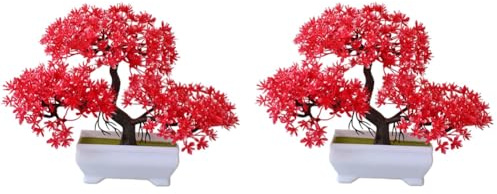 VIOPDER 2Pcs Artificial Plant Bonsai Plastic Small Tree Pot Fake Plant Flower Potted Ornaments for Home Room Table Easy to Use,Red