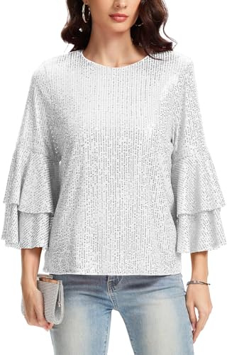 Chemisier à paillettes à manches longues et col rond entièrement doublé pour femme, S-argenté, L