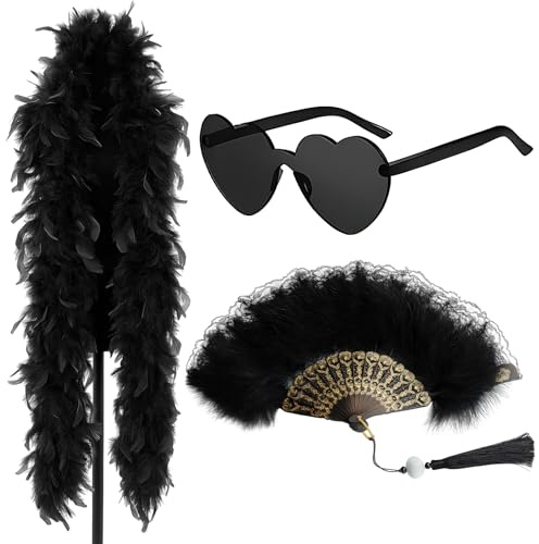 CJAPGJW Federboa Schwarz, 20er Jahre Mode, 1x 2m Federboa, 1x Brille, 1x Federfächer, für Retro Party, Gothic Stil, Fotoshooting, Geschenkidee, Schwarze Federn, Mode Accessoires