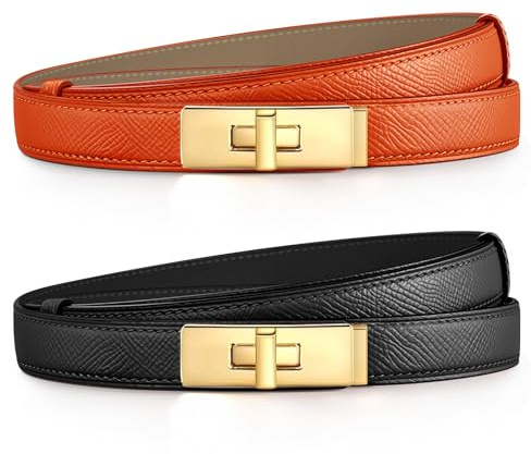 Ahokei Skinny Gürtel Damen, Ledergürtel Damen Taillengürtel Damengürtel Leder Beidseitig Damengürtel für Jeans Klassisch Gold Drehverschluss Schmaler Gürtel 2 Stück Schwarz Orange Geschenke für Frauen