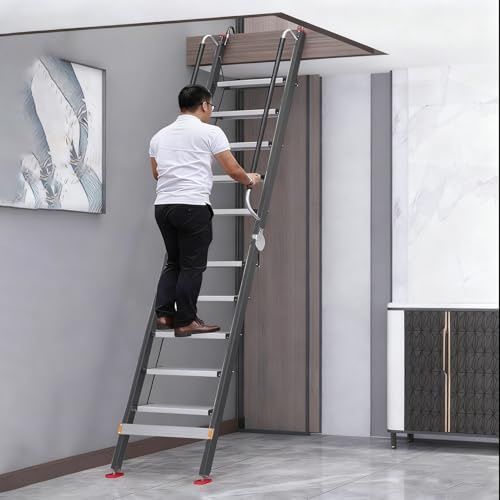 Escalera Escamoteable Escalera de Seguridad para Altillo de Aluminio con 8 9 10 11 12 13 Peldaños, Escalera Plegable para Desván con Pasamanos(Black,8 Step-257cm (8.4ft))