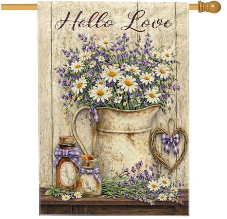 Drapeau de maison de fleurs, carafe rustique en toile de jute violette double face pour extérieur, pelouse, cour, terrasse, entrée, 71,1 x 101,6 cm
