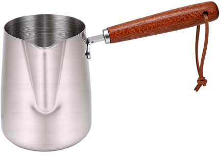 Fockety Caffettiera turca, scaldalatte in acciaio inossidabile 304 con manico in legno per fornello, caffettiera araba greca con beccuccio per sciroppo d'acero, scaldasalsa (350ML)