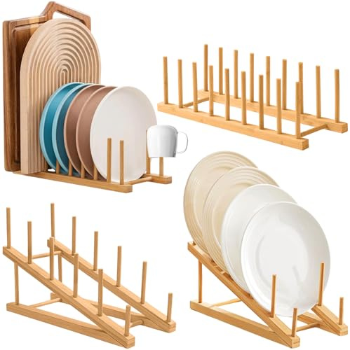 4 Piezas Soporte Platos Bambú, Escurridores Taza Armarios Cocina, Estante Almacenamiento Tabla Cortar, Organizador Madera Gabinete, Bandeja para Cuencos, CD, Libro, Tazas, Tapas Ollas (5, 8 Ranuras)