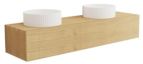 Vente-unique-Mobile bagno sospeso in legno di mindi con doppio lavabo da appoggio in ceramica scanalato 150 cm - TIDORE