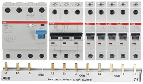 ABB Set Leitungsschutzschalter Set, 1x FI 40A/30mA, 1x LS-Schalter B16 3-polig, 5x LS-Schalter B16A 1-polig mit Phasenschiene, 16A