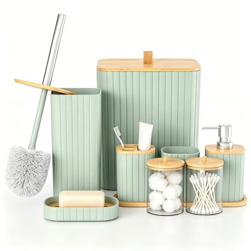 Capslpad Badezimmer Set 9 Teiliges Modern Badgarnitur Badezimmer Zubehör Set: Baumwolltupferglas Mülleimer Lotionsseifenspender Toilettenbürsten und Halter Seifenschale Zahnputzbecher(Grün)