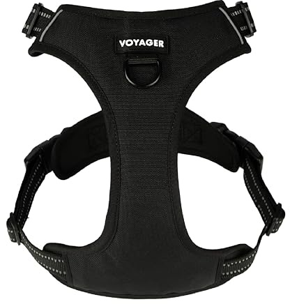 Voyager Anti-Zieh-Hundegeschirr für mittelgroße und große Hunde, doppelte Leinenbefestigungen, verstellbar, weich, Aber stark, mit 3M-Reflextechnologie, schwarzes Nylon, Größe S (Brustumfang: 40,6