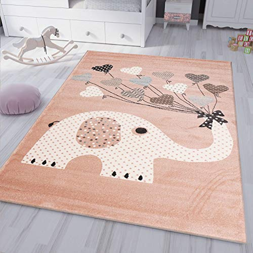VIMODA Kinderteppiche Herzen mit Ballons Elefant | Kinderteppich für Mädchen und Jungs | Teppich für Kinderzimmer | Schadstofffrei, Maße:160x230 cm