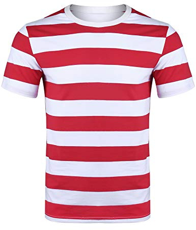 Sykooria Mens Round Neck Wide Striped T-Shirt Red & White Strip Casual Short Sleeve Tops