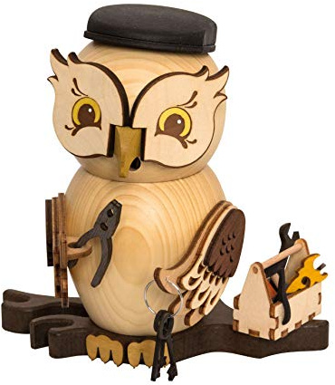 Drechslerei Kuhnert - Rauchfigur/Räucherfigur - Eule Handwerker aus Massivholz - ca. 15 cm - Made in Germany