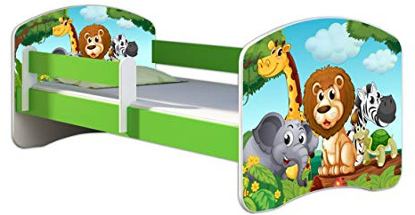 ACMA Kinderbett Jugendbett mit Einer Schublade und Matratze Grün mit Rausfallschutz Lattenrost II 140x70 160x80 180x80 (02 Animals, 160x80)