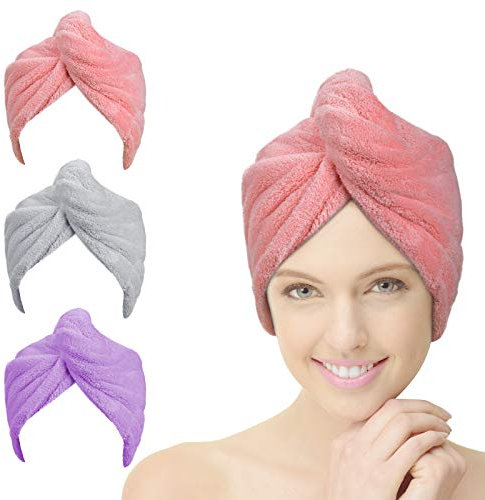 ACWOO Toallas para Secar El Pelo, 3pcs Gorro de Pelo Seco para Mujeres, Cabello Turbante de Secado rápido Coral Fleece con Botón del Abrigo, para SPA, Maquillaje