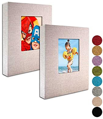 Fotoalbum Klein 10x15 – Klare Seiten, Leinen Cover mit Frontfenster, 2 Pack, Jedes Kleine Album fasst 52 Fotos, Kleines Brag Book Fotoalbum für 10x15 Bilder, Beige Stoff