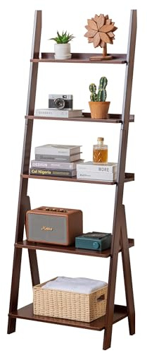 Maydear Bamboo Ladder Shelf Bookcase, 5-Tier Leaning Bookshelf Free Standing Organizer Storage Shelves for Living Room, Bedroom, Kitchen, Home Office, Balcony, Dark Walnut