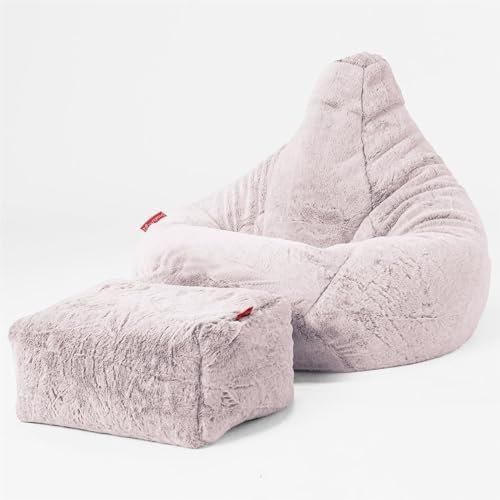 Lounge Pug, Gaming Sitzsack Sessel mit Hocker, Kaninchen Kunstfell Pastellrosa