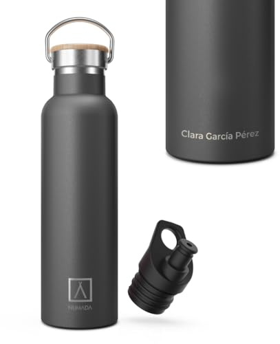 NUMADA-Botella Personalizada con Nombre 600ml de Acero Inoxidable Negra Estanca con Recubrimiento Cerámico|Frío 24H y Calor 12H|Boca Ancha|Libre BPA|Incluye 2 Tapones (1 Sport)/Bolsa Transporte