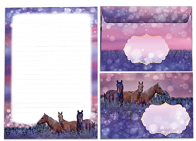 Briefpapier-Set für Mädchen Pferd lila Briefblock mit Umschlag für Kinder (Block A5 mit 25 Blätter + 15 Umschläge)