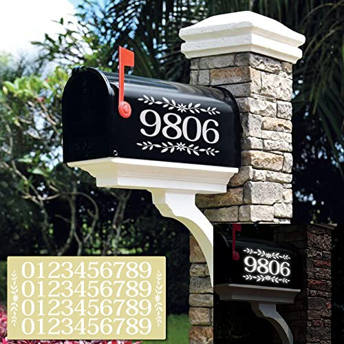 FlyWallD 2 Set Mailbox Numbers for Outside White Reflective Decal Front Door Stickers Housewarming Gift Waterproof Vinyl Number Mailbox Signs 2 Flowers and 44 Number
