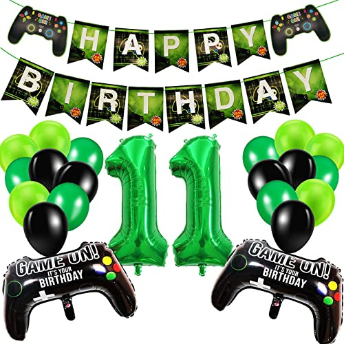 Geburtstagsdeko Jungen 11 Jahre, Gamer Deko Geburtstag, Happy Birthday Girlande Banner Deko Junge, Gamecontroller Luftballons Schwarz Grün Ballons Set für Kinder Videospiel Thema Party Zubehör