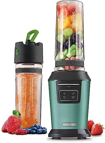 Sencor Frullatore elettrico SBL717, centrifuga frutta e verdura, borraccia frullatore portatile da 600ml senza BPA, sbattitore elettrico con sei lame in acciaio rivestite in titanio, 800W(Indigo)