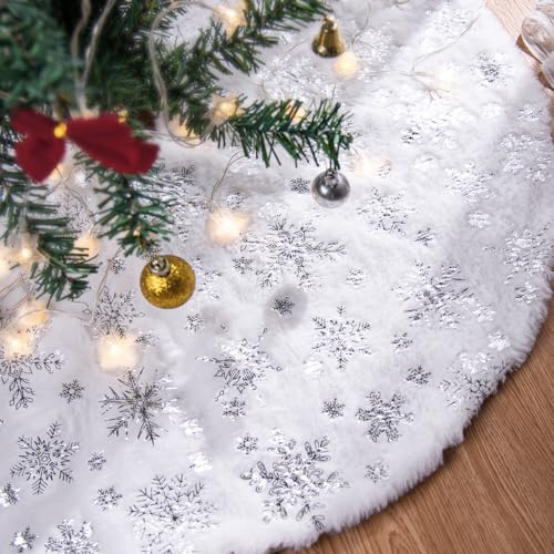 Lanpn Jupe de Sapin de Noël 120cm, Tapis de Sapin de Noel, Grande Flocon de Neige Argent Cache Pied, Couvre-Pied d'arbre pour Décoration Sapin Noel Argent, 120 cm