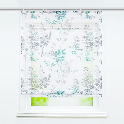 Joyswahl Voile Raffgardine mit Klettband »Luca« Floral Motiv Raffrollo mit Klettschiene halbtransparente Küche Gardine,Grün BxH 80x140cm 1 Stück
