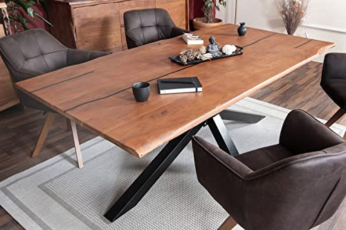 SAM Baumkantentisch 180 x 90 cm Polly, Epoxidharz-Adern in Schwarz, Akazienholz massiv + nussbaumfarben, Esstisch mit Spider-Eisengestell Schwarz, Tischplatte 26 mm, echte Baumkante