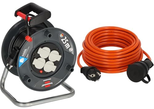 Brennenstuhl Garant V2 Kabeltrommel 25m Kabel & BREMAXX Verlängerungskabel (10m Kabel in orange, für den Einsatz im Außenbereich IP44, Stromkabel einsetzbar bis -35 °C, öl- und UV-beständig)