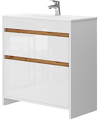 Vicco Set di mobili da bagno Detmold, Bianco lucido/oro power oak, 79.8 cm, composto da mobile sottolavabo e lavabo