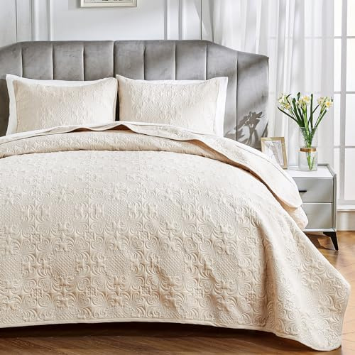 Qucover Tagesdecke Bett 240x260 Beige Bettüberwurf Bedspreads aus Mikrofaser, Tagesdecken Steppdecke Sofa Überwurfdecke Wohndecke für Bett