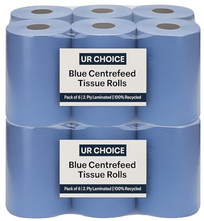 UR CHOICE Blue Centrefeed Paper Tissue Rolls, Pack of 12 Rolls, Multipurpose 2-Ply Laminated Kitchen Towel for Home & Commercial Cleaning