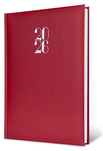 Terminkalender 2026 A5 15 x 21 cm – 1 Tag pro Seite (Samstag & Sonntag zusammen) – 320 Seiten – Hardcover in Kunstleder, Fadenheftung – Mehrsprachig – Made in Italy – TEKSHOPPING (ROT)