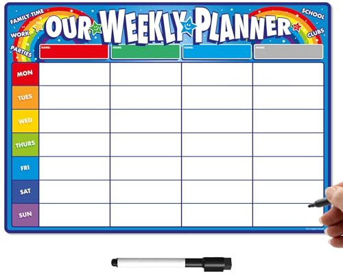 TMS - Agenda settimanale magnetica per frigorifero, realizzata nel Regno Unito, lavagna, promemoria, calendario o organizer per lavoro o pianificazione familiare (Blue Family, A4 (30 x 21 cm)