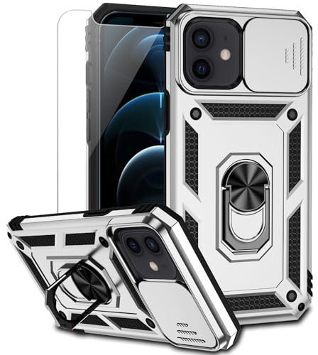 for iPhone 12 Mini Case with Camera Lens Cover HD Screen Protector, Dual Layer Military Grade Drop Protection Magnetic Ring Holder Kickstand Protective Phone Case for iPhone 12 Mini 5.4 inch (Silver)