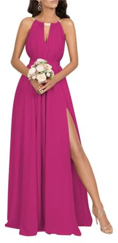 Vestidos de dama de honor de gasa para mujer con abertura alta, acampanado, vestidos de fiesta formales hasta el suelo, fucsia, 34