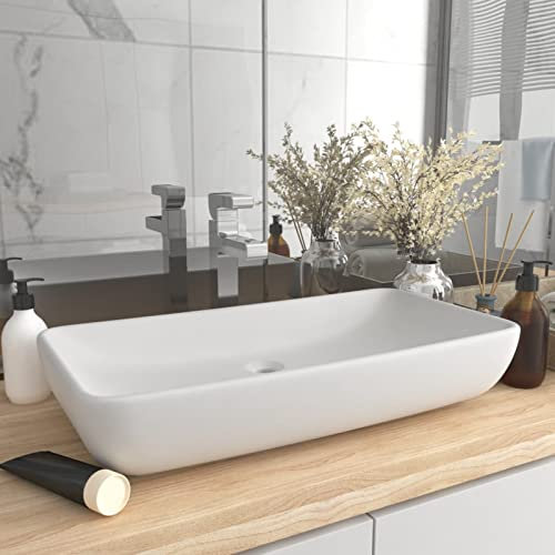 TANZEM Luxus-Waschbecken, Aufsatzwaschbecken, Waschtisch, Aufsatzwaschtisch, Wash Basin, Badmöbel, Bathroom Sink, Rechteckig Matt Weiß 71x38 cm Keramik
