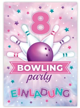 Minkocards 12 Einladungskarten zum 8. Kindergeburtstag Bowling Kegeln Bowling-Party Mädchen Einladungen zum achten Einladungen achte Mädchengeburtstag