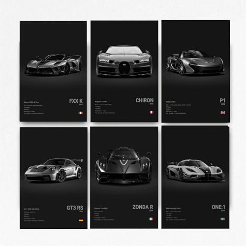 Super Car Poster Racing Wall Art For Home Decor - FXXK CHIRON P1 911GT3 RS ZONDA R ONE:1 Cardstock Prints Set Of 6 (Unframed 8x12 Inch)