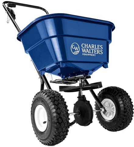 Charles Walters Equipment CW2000 Estate Style Broadcast Spreader for Spreading Fertilizer and Ice Melt on Lawns, Sidewalks, and Driveways, 65lb Capacity, 35 x 35, Blue