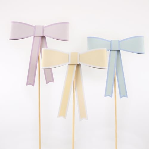 Meri Meri Pastel Bow Cake Toppers (Pack of 3), Mint, Yellow and Pink Bow Cake Toppers, Varied Heights